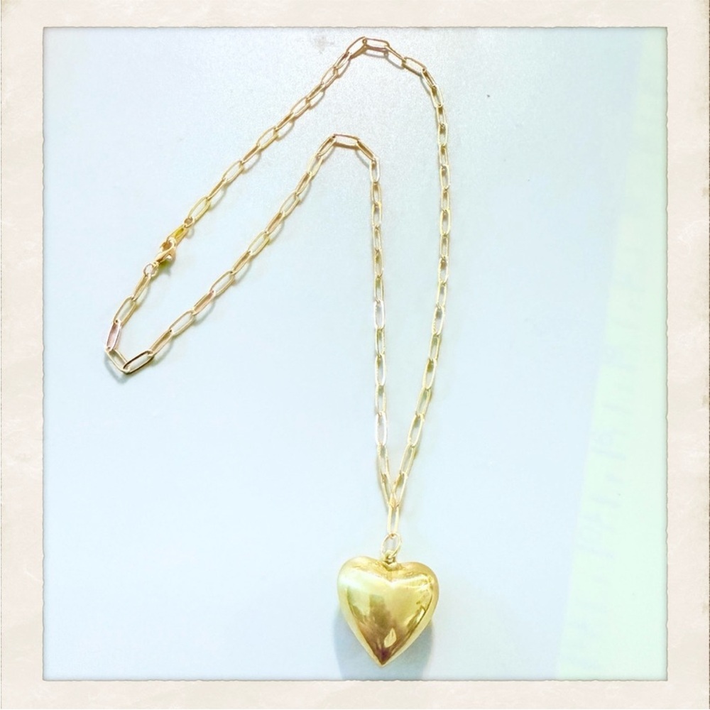 Vintage Brass Puffy Heart Pendant Necklace on a Gold Filled Oval Link Chain, 22”